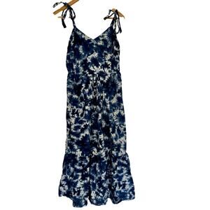 GAP Tie Strap Tie-Dye Blue White Maxi Tiered Dress with Pockets M